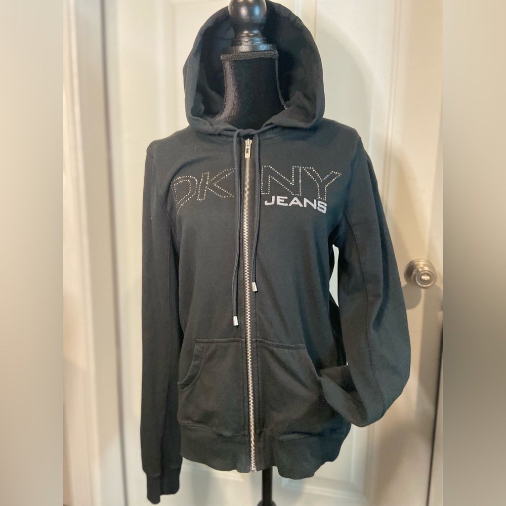DKNY Jeans~Vintage~Rhinestone Embellished Logo~Full Zip~Sweatshirt Hoodie~Size L